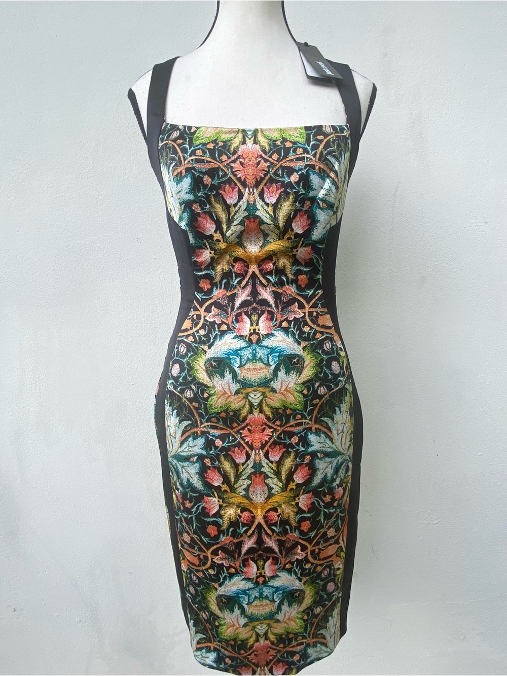 Just Cavalli Black Multicolor Botanical Floral Satin Pencil Dress Size 40